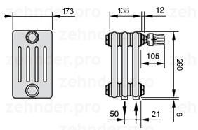 Схема (чертеж) Радиатор Zehnder Charleston 5026/3 №V002 Белый глянцевый RAL 9016
